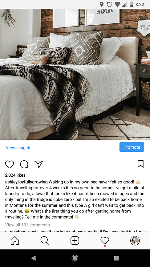 Screenshot of an Instagram post showing a bedroom with a caption and 131 comments