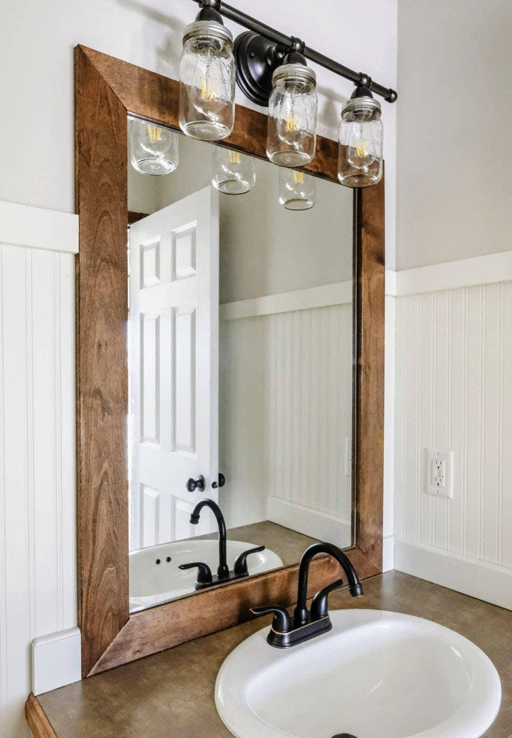 wood frame bathroom mirror