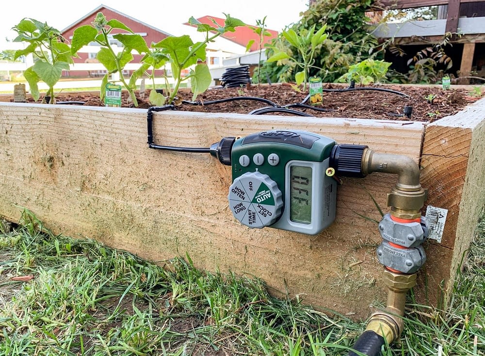 programmable watering timer on a raised garden bed for a drip irrigation system