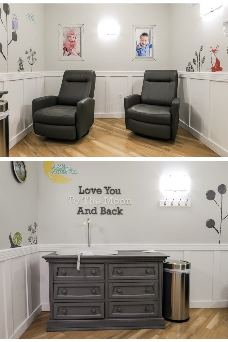 two recliners and a changing table in nursing room at buy buy baby