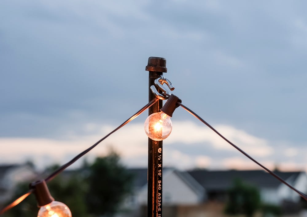 outdoor patio with DIY string lights