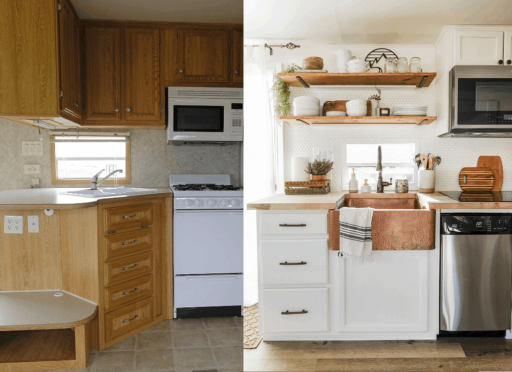 RV kitchen remodel before and after side by side