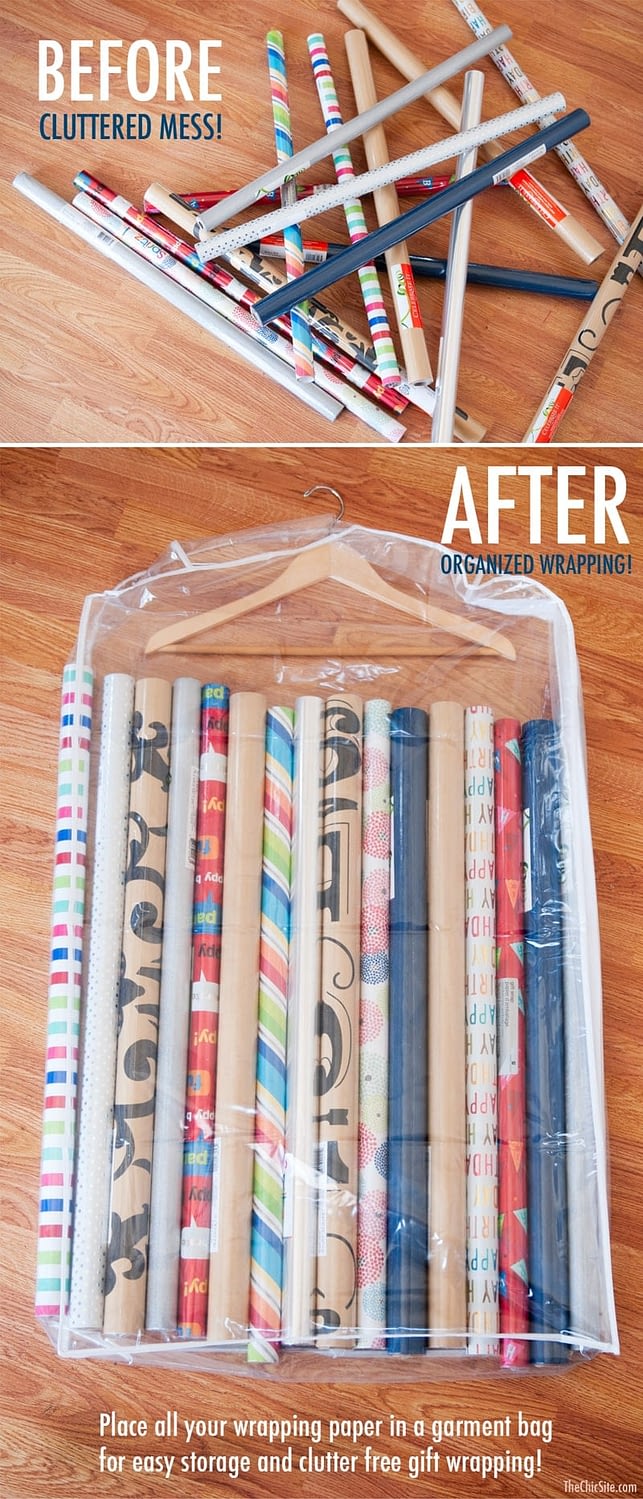 A before and after image showing a pile of wrapping paper rolls scattered on floor, and then neatly stored inside of a garment bag