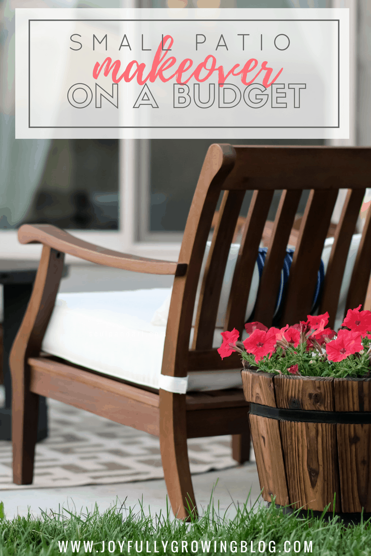 Outdoor chair and flower pot. Text overlay "Small Patio Makeover On A Budget"