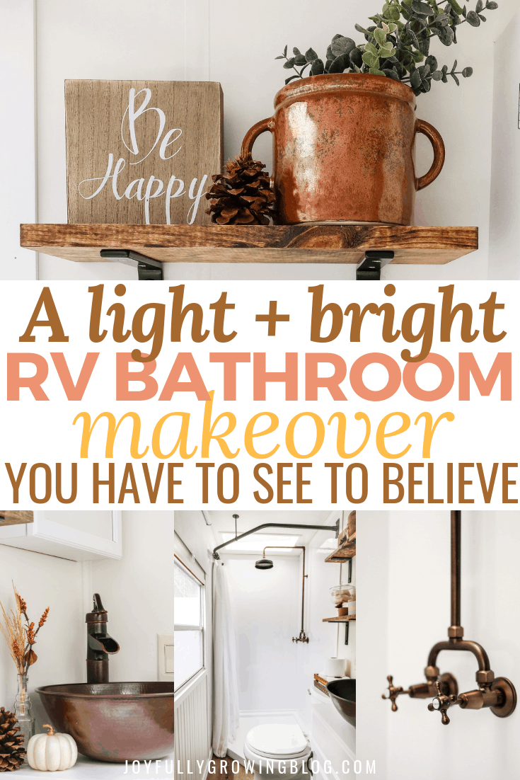 Rv bathroom remodel reveal with 4 teaser images and text overlay