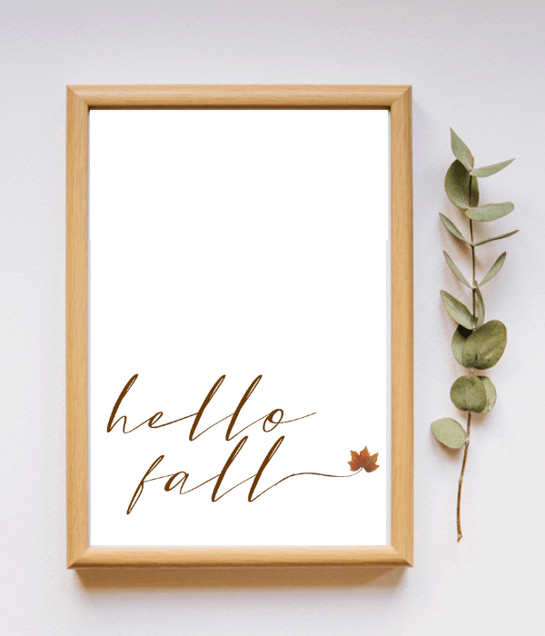 Wood frame with free printable that says 'hello fall'