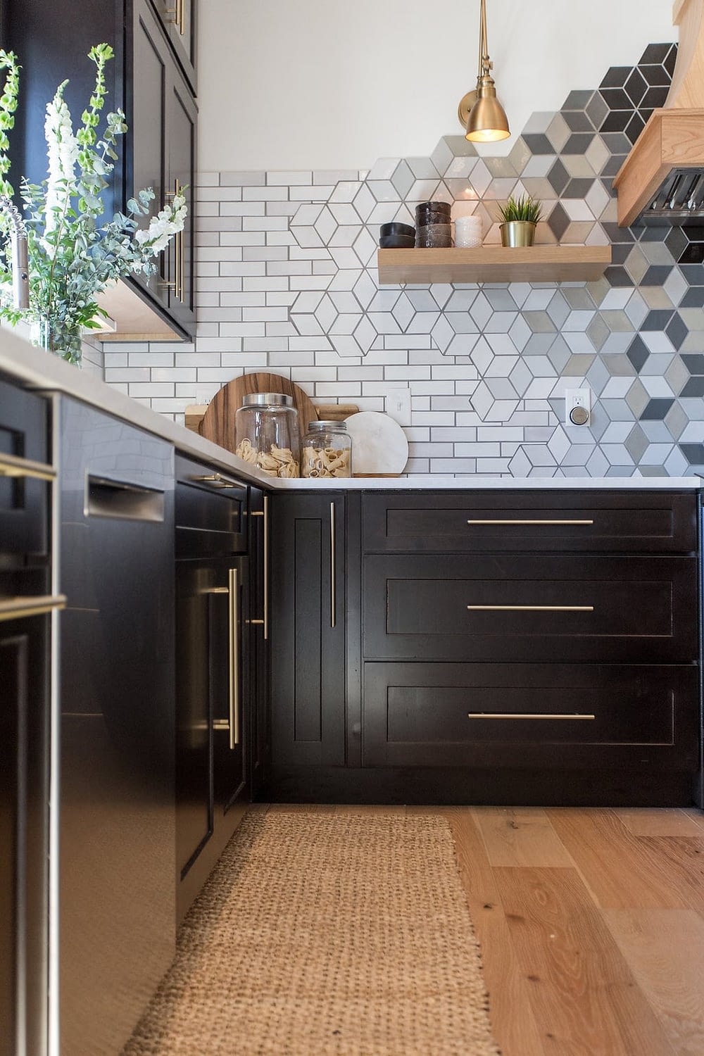geometric backsplash in a kitchen