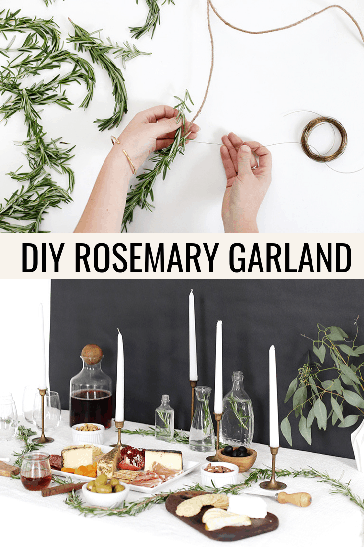 A photo collage showing how to make a Christmas garland using rosemary sprigs and jute twine
