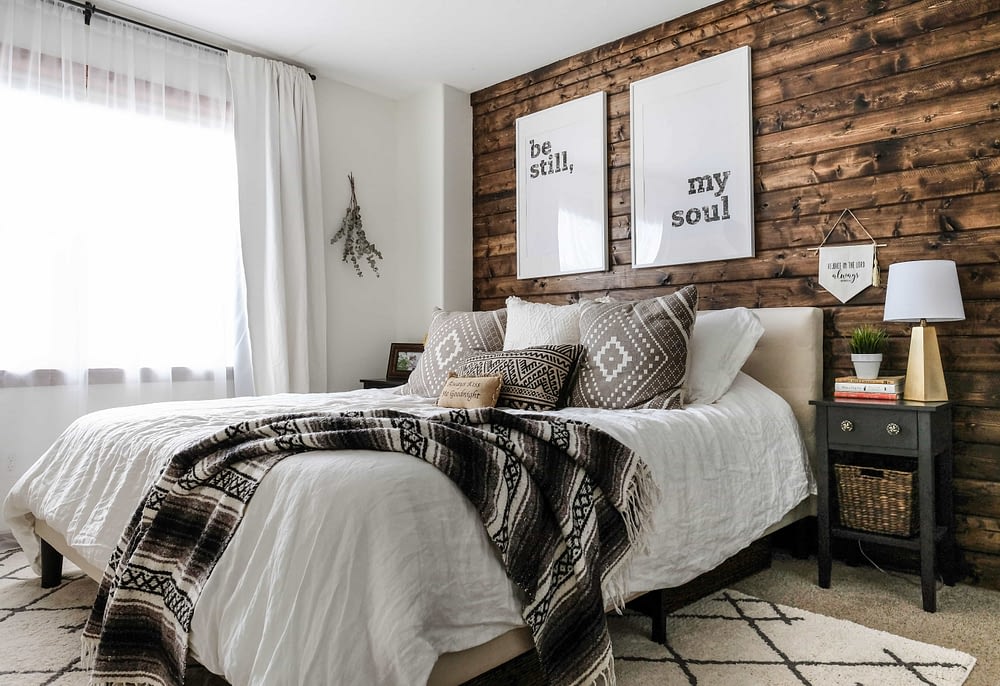 master bedroom wood accent wall