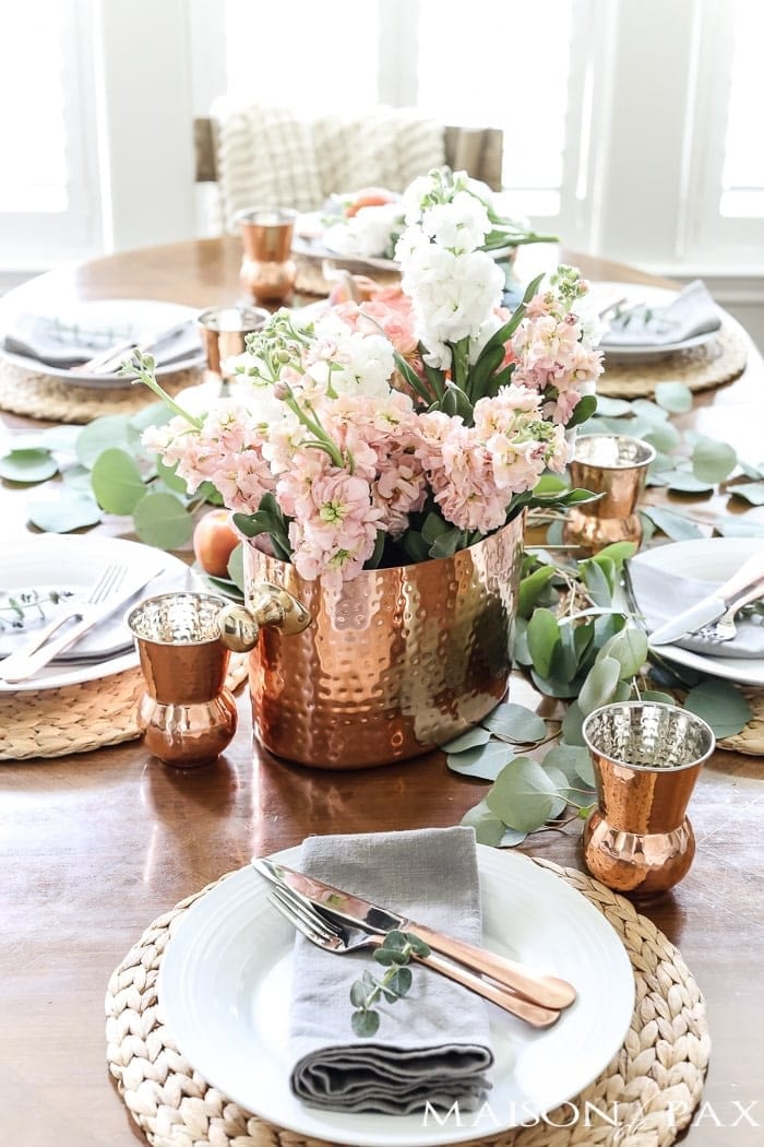Thanksgiving table centerpieces with copper vase and blush florals