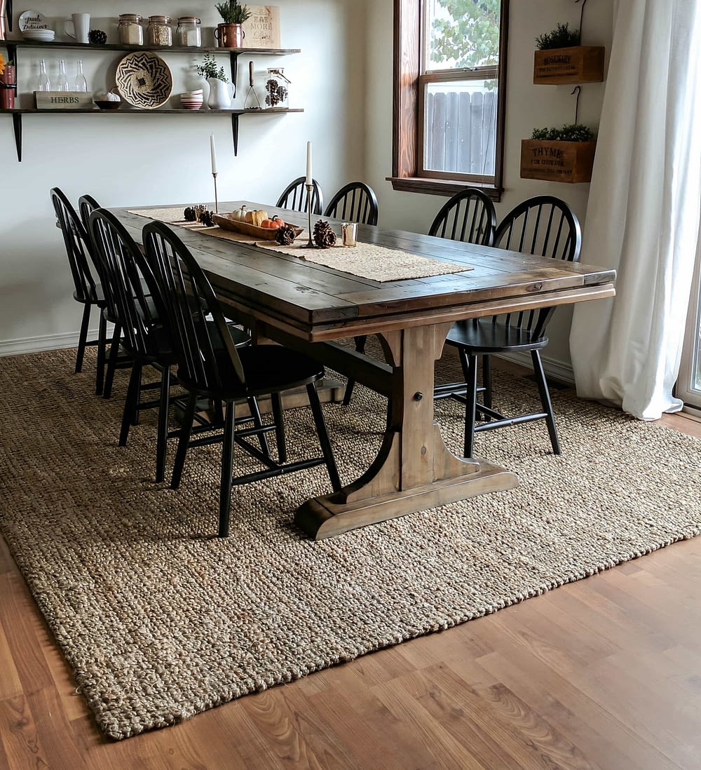 full room picture of dining room with jute rug underneath long wood table and 8 black wood chairs