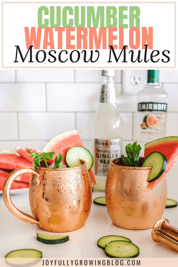 Two copper mugs with moscow mule cocktails and text overlay that reads "Cucumber Watermelon Moscow Mules"