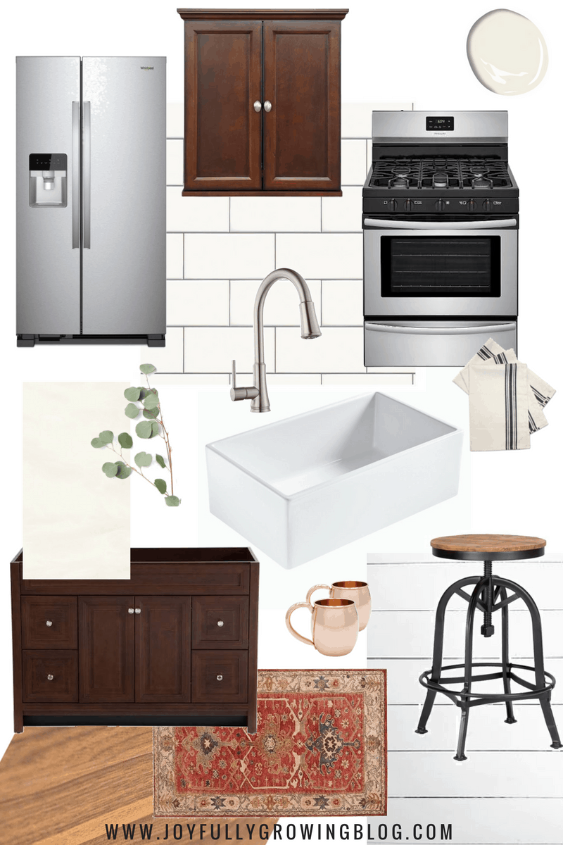 Budget kitchen design mood board with wood cabinets and white farmhouse sink