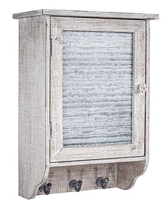 whitewashed wood and metal hanging storage cabinet with shelves and hooks