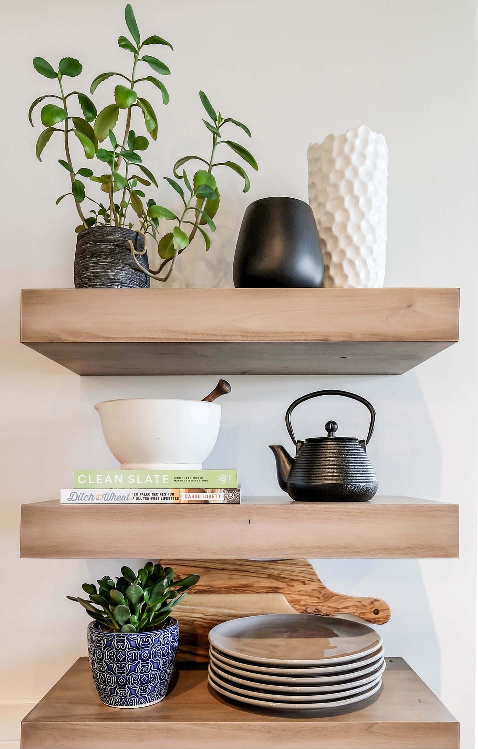 kitchen shelves styled with potted greenery, plates, a kettle, and books