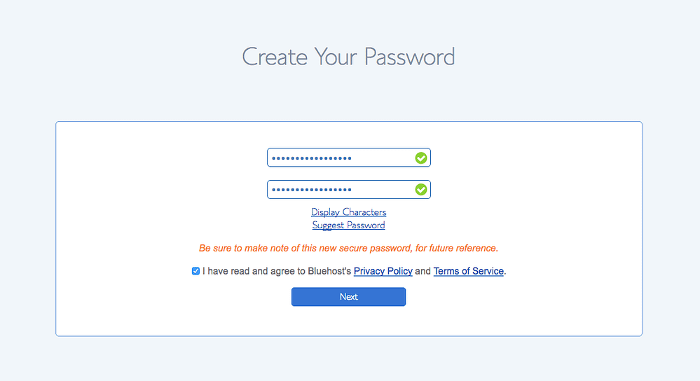 Bluehost tutorial screenshot of password creation
