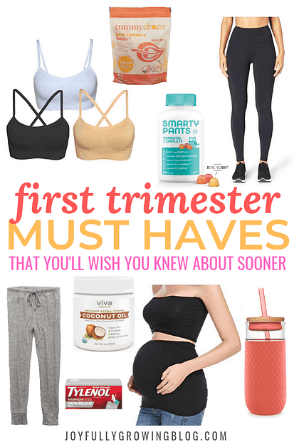 first trimester must haves image with 9 pregnancy products