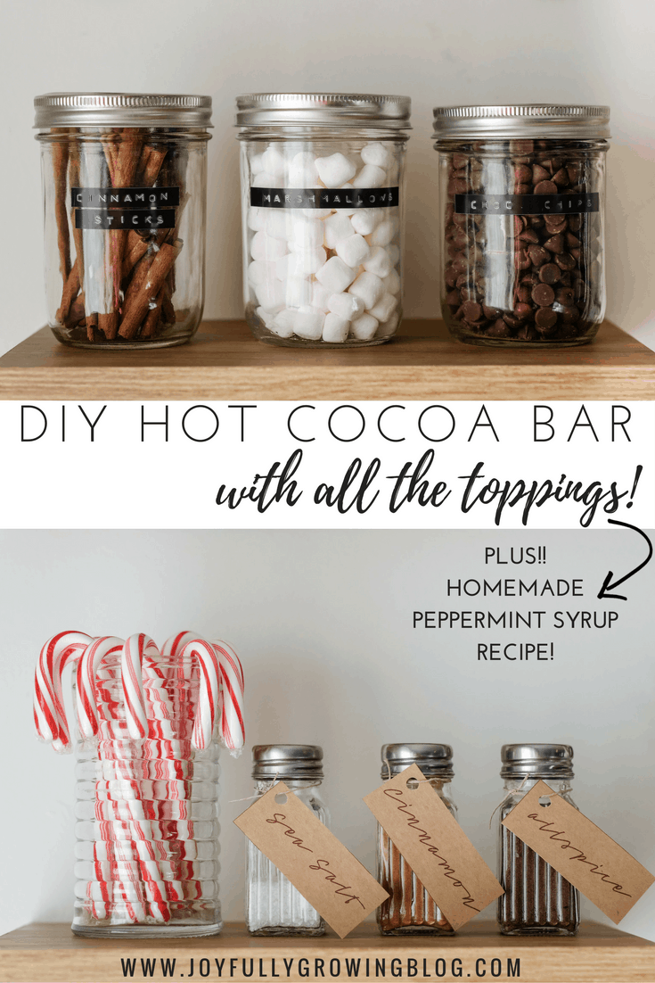 DIY Coffee/Hot Cocoa Bar + Homemade Peppermint Syrup I See how to create a simple coffee bar out of a bookcase I The best hot cocoa toppings for your hot cocoa bar!