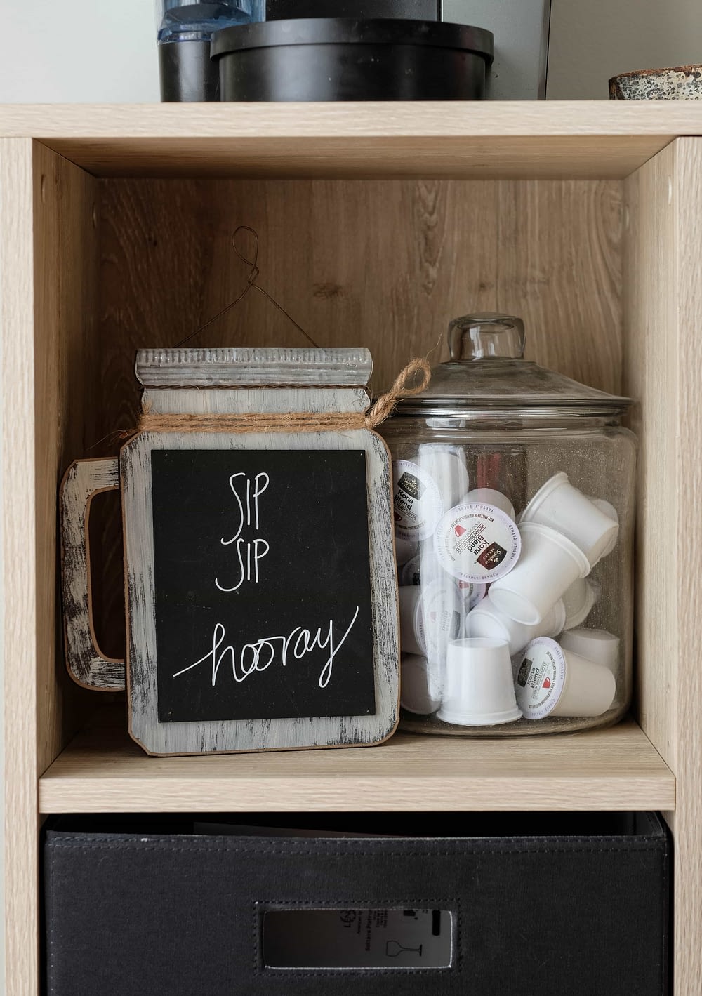 Coffee Bar shelf with "sip sip hooray" blackboard 