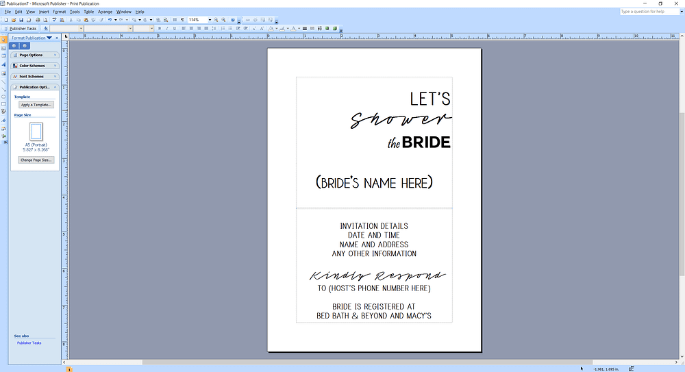 Microsoft Publisher screenshot showing a bridal shower invitation 