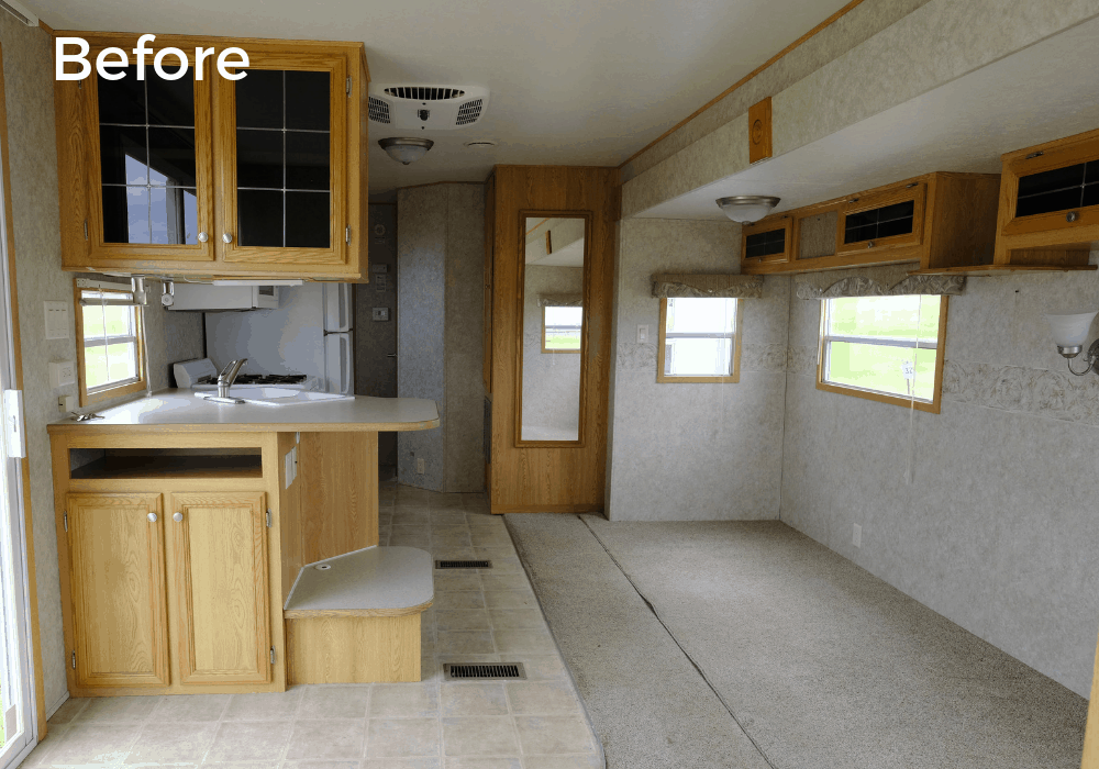 RV kitchen remodel before photo with original cabinets and carpet