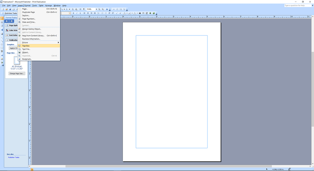 Microsoft Publisher screenshot insert Text Box