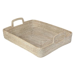 rattan rectangular high walled serving tray with handles