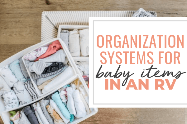 Organized baby clothes storage baskets. Text overlay: "organization systems for baby items" 
