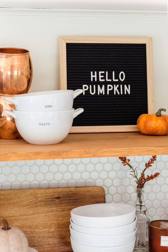 "HELLO PUMPKIN" on letter board for fall decorating.