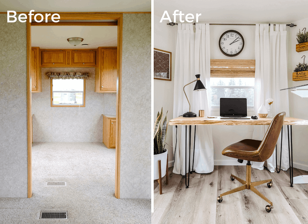Before and after photos side by side of an RV home office makeover