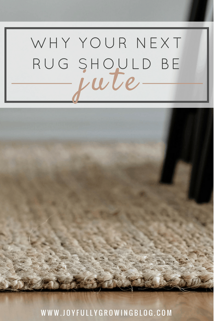 jute rug in dining room. text overlay, "why your next rug should be jute"