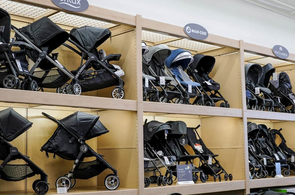 tons of stroller brands in store at buy buy baby