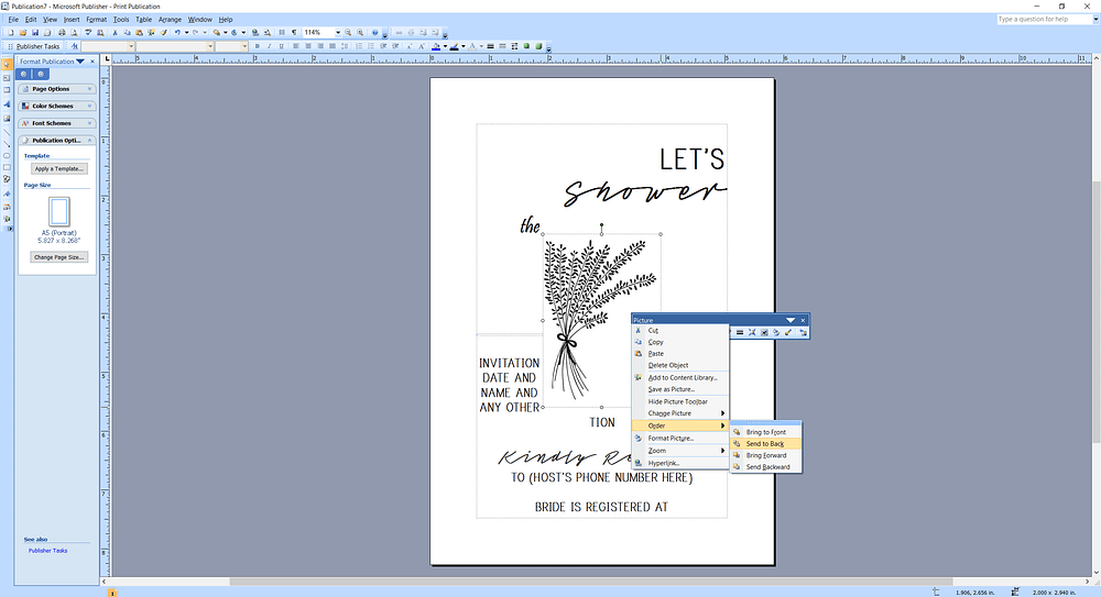 Microsoft Publisher screenshot how to send image to back