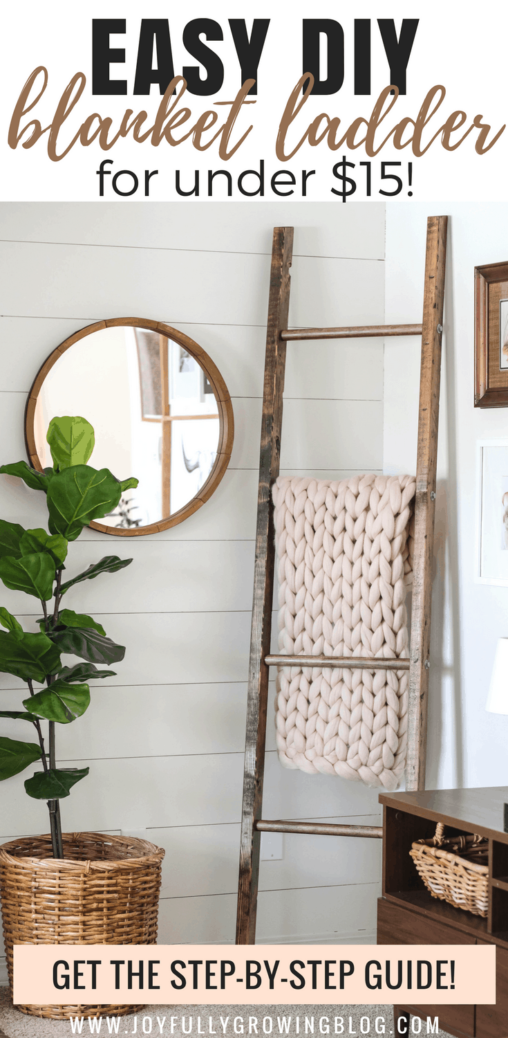Blanket ladder with chunky knit blanket on one rung next to a round mirror and fiddle leaf fig tree