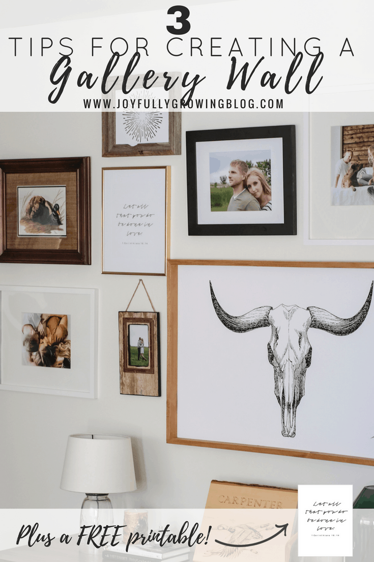 living room gallery wall. Text overlay reads, "tips for creating a gallery wall plus free printables"
