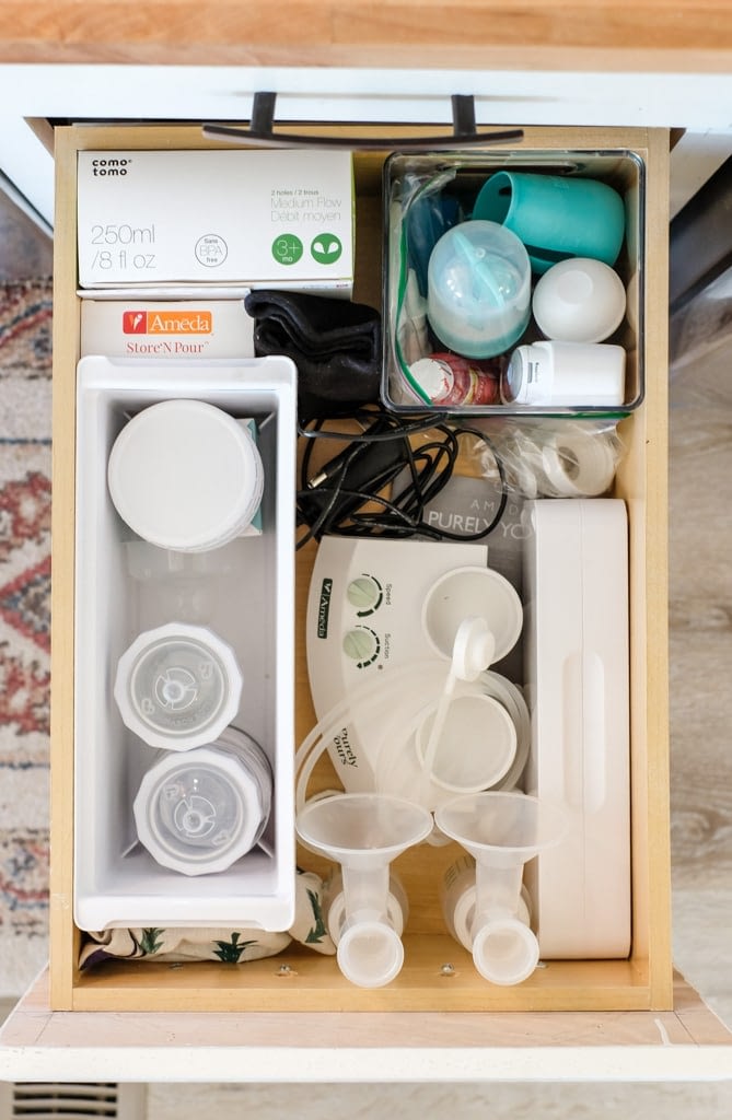baby items organized in a kitchen drawer