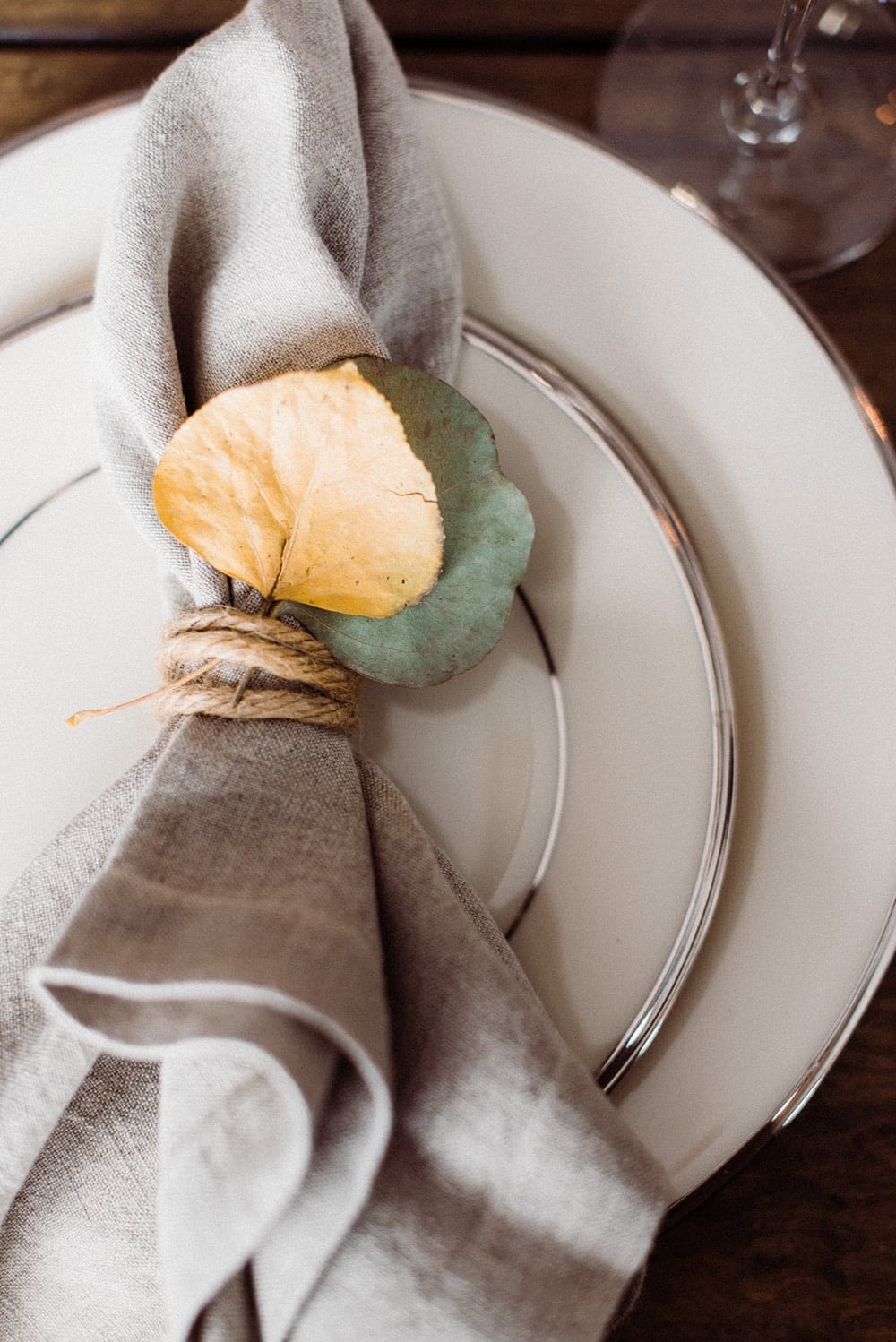 thanksgiving dinner plate with napkin tied with twine