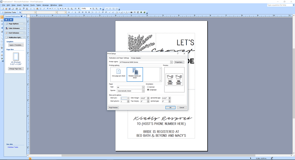 Microsoft Publisher screenshot how to print multiple copies per sheet