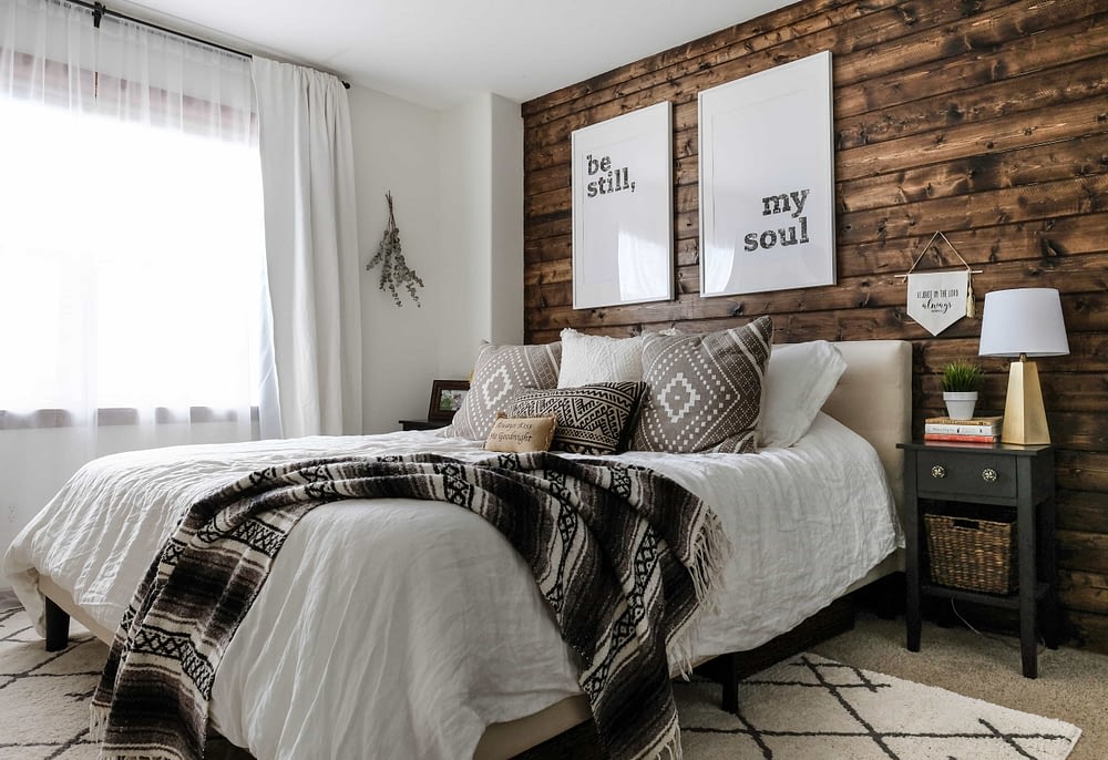 DIY wood accent wall in a bedroom stained walnut 