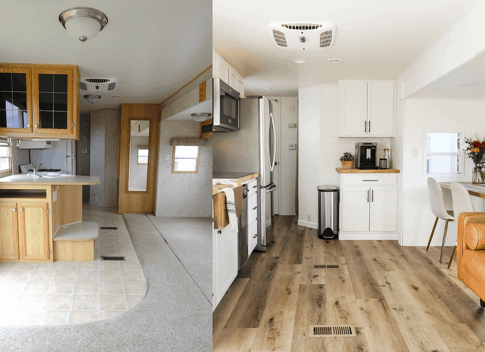 RV kitchen before and after side by side photo