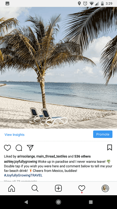 Screenshot of an instagram post with a picture of a beach